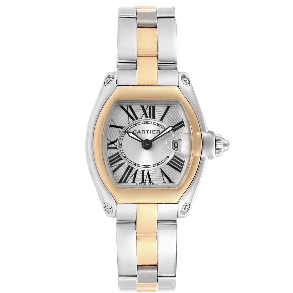 The image shows a front view of the Cartier Roadster W62026Y4 Women's Steel and Gold (two tone) Silver Dial W62026Y4 Women's Steel and Gold (two tone) Silver Dial watch, highlighting its face, bezel, and band.