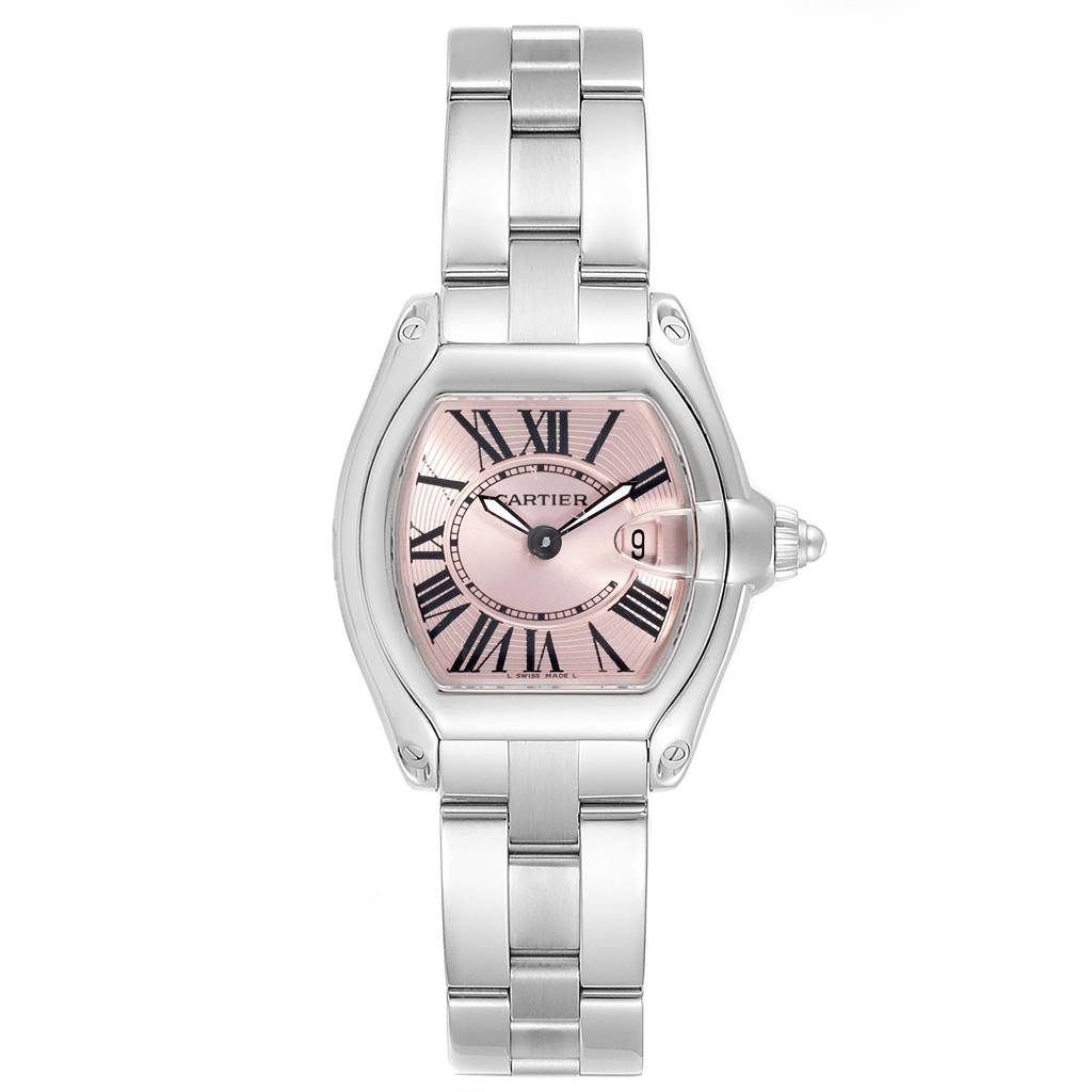 This image shows a front view of the Cartier Roadster W62017V3 Women's Stainless Steel Pink Dial W62017V3 Women's Stainless Steel Pink Dial watch, highlighting its face, bezel, and metal strap.
