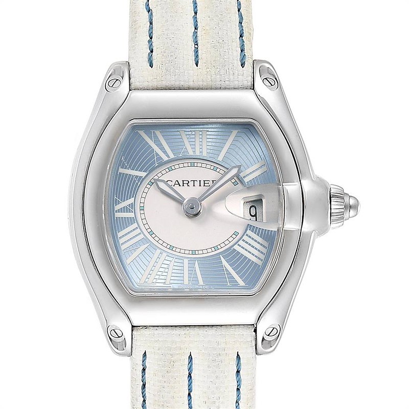 Cartier Roadster Blue Dial White Strap Steel Ladies Watch W62053V3 SwissWatchExpo