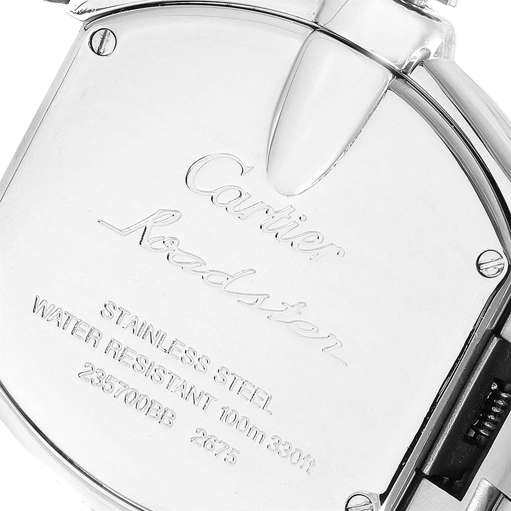 This image shows the back case of the Cartier Roadster W62016V3 Women's Stainless Steel Silver Dial W62016V3 Women's Stainless Steel Silver Dial watch, highlighting its engravings and stainless steel material.