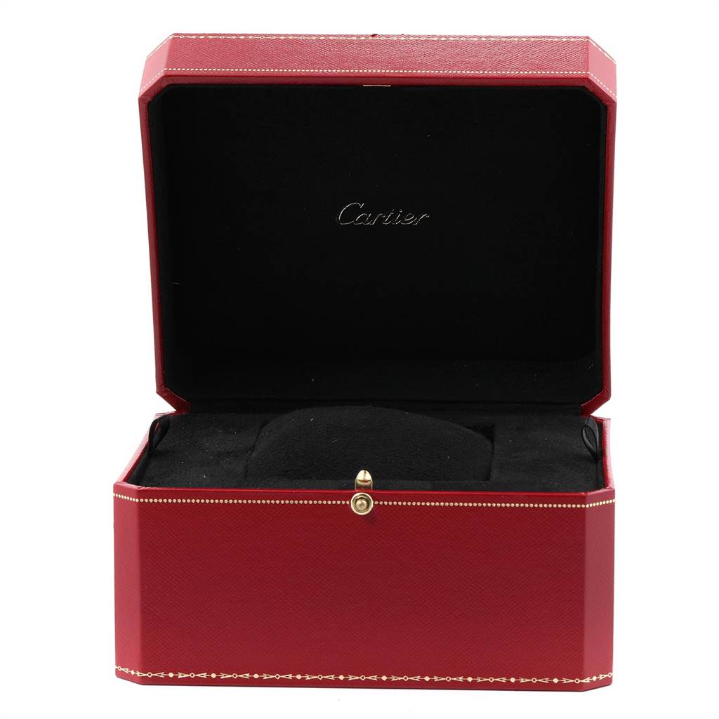 The image shows an open red Cartier box for the Roadster model watch, displaying the brand name inside.