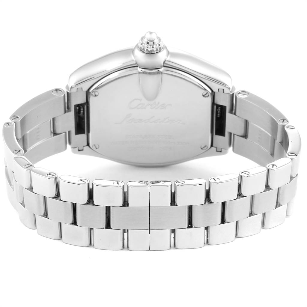 The image shows the back view of the Cartier Roadster W62016V3 Women's Stainless Steel Silver Dial W62016V3 Women's Stainless Steel Silver Dial watch, focusing on its bracelet and case back.