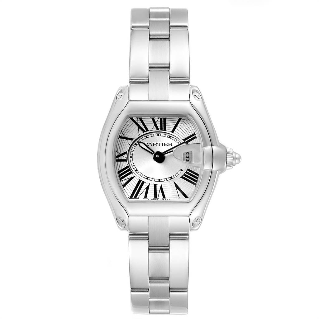 The Cartier Roadster W62016V3 Women's Stainless Steel Silver Dial W62016V3 Women's Stainless Steel Silver Dial watch is shown from the front, displaying its dial, case, and bracelet.