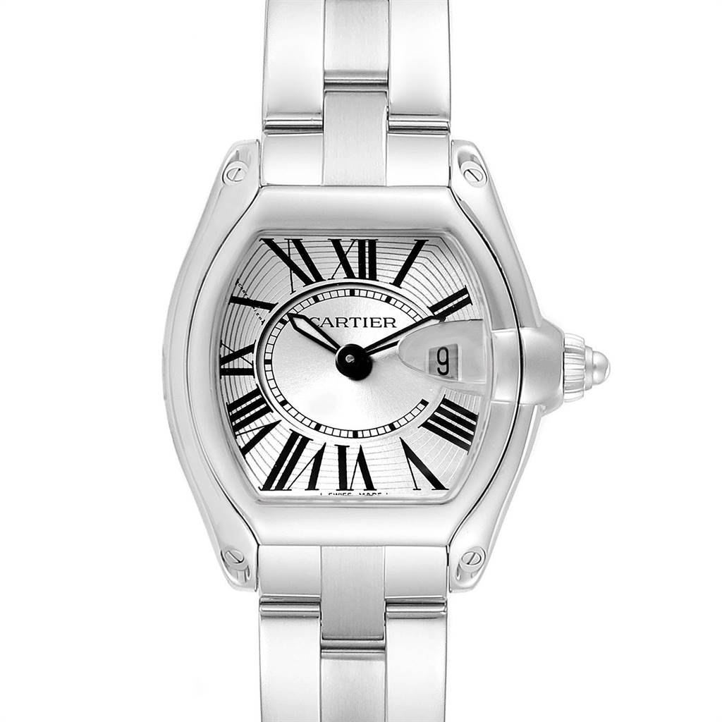 The Cartier Roadster W62016V3 Women's Stainless Steel Silver Dial W62016V3 Women's Stainless Steel Silver Dial watch is shown in a front-facing view, displaying the face, bezel, and part of the bracelet.