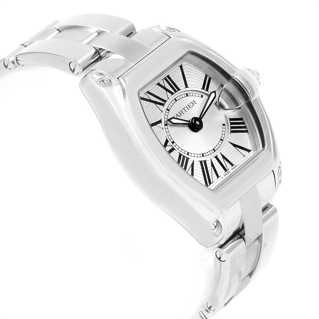 The image shows a Cartier Roadster W62016V3 Women's Stainless Steel Silver Dial W62016V3 Women's Stainless Steel Silver Dial watch from an angled side view, highlighting its case, Roman numeral dial, and bracelet.