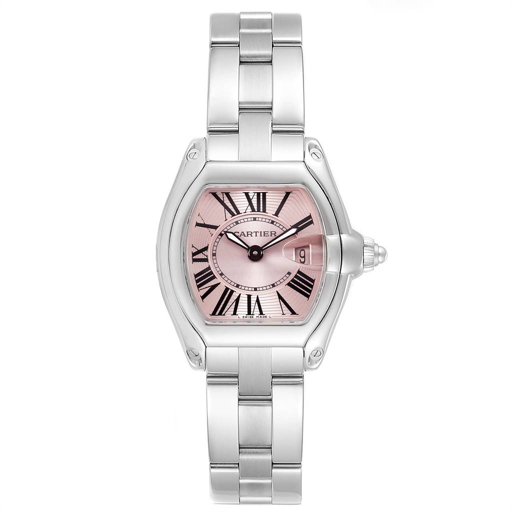 The image shows a Cartier Roadster W62017V3 Women's Stainless Steel Pink Dial W62017V3 Women's Stainless Steel Pink Dial watch from a top-down angle, highlighting its face, bracelet, and crown.