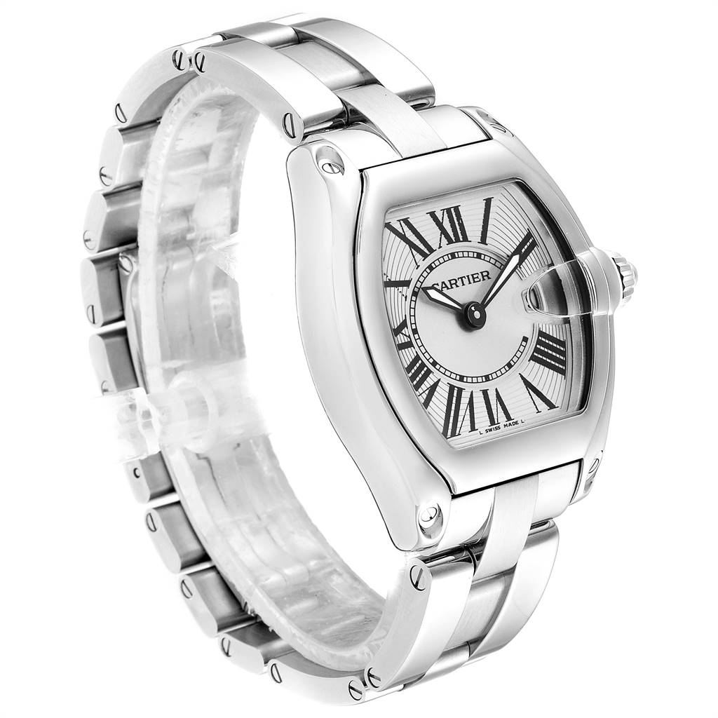This image shows a Cartier Roadster W62016V3 Women
s Stainless Steel Silver Dial W62016V3 Women
s Stainless Steel Silver Dial watch from a front-side angle, highlighting its dial and metal bracelet.