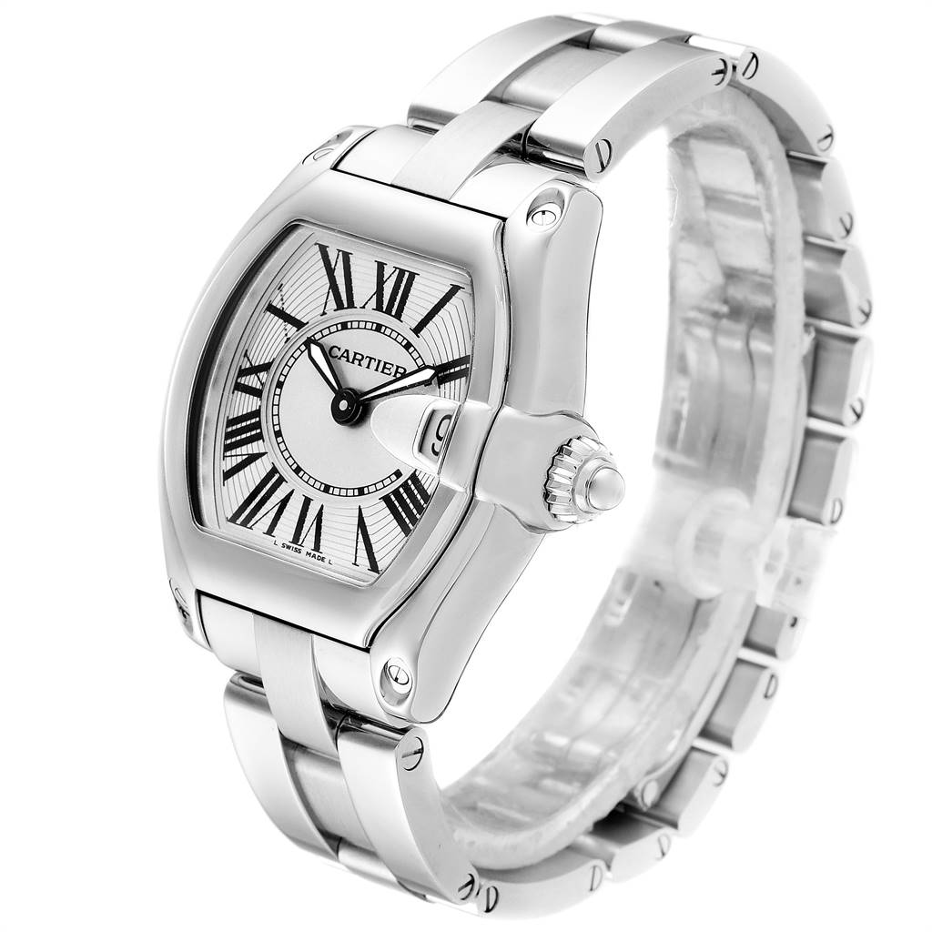 The image shows a Cartier Roadster W62016V3 Women
s Stainless Steel Silver Dial W62016V3 Women
s Stainless Steel Silver Dial watch angled slightly from the front, highlighting its dial, bezel, bracelet, and crown.