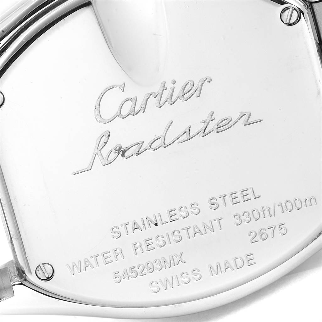 The image shows the back case of a Cartier Roadster W62016V3 Women
s Stainless Steel Silver Dial W62016V3 Women
s Stainless Steel Silver Dial watch, highlighting its engravings and water resistance details.