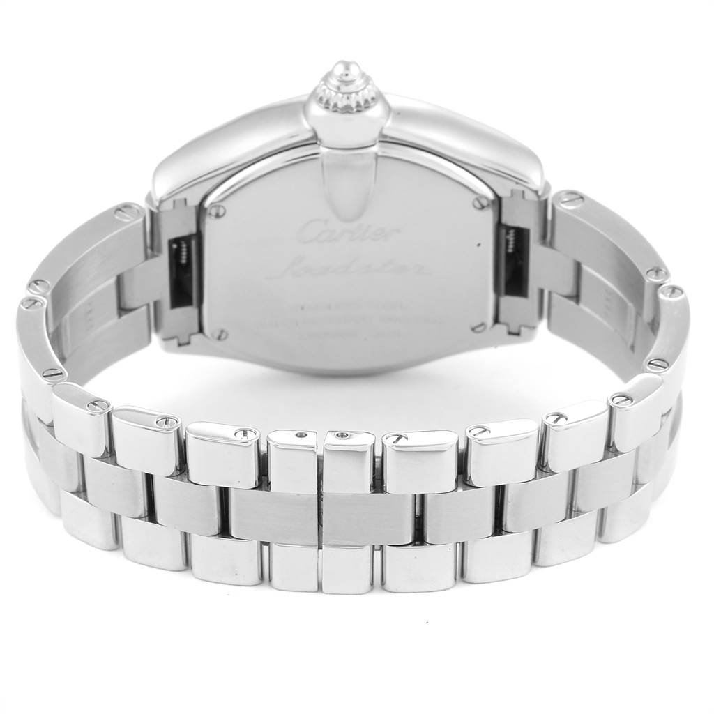 The image shows the back view of a Cartier Roadster W62016V3 Women
s Stainless Steel Silver Dial W62016V3 Women
s Stainless Steel Silver Dial watch, highlighting the bracelet and case back.