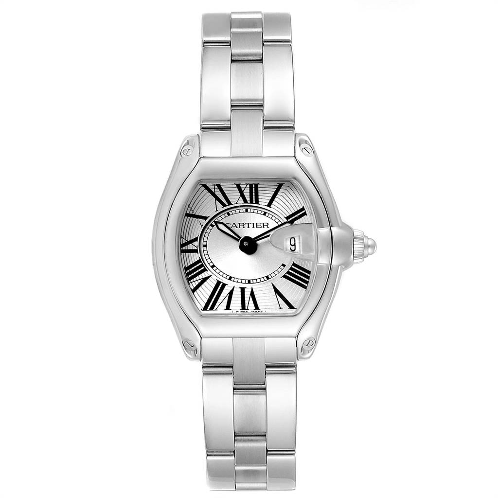 The Cartier Roadster W62016V3 Women
s Stainless Steel Silver Dial W62016V3 Women
s Stainless Steel Silver Dial watch is shown from a front angle, displaying its face, bezel, and metal bracelet.