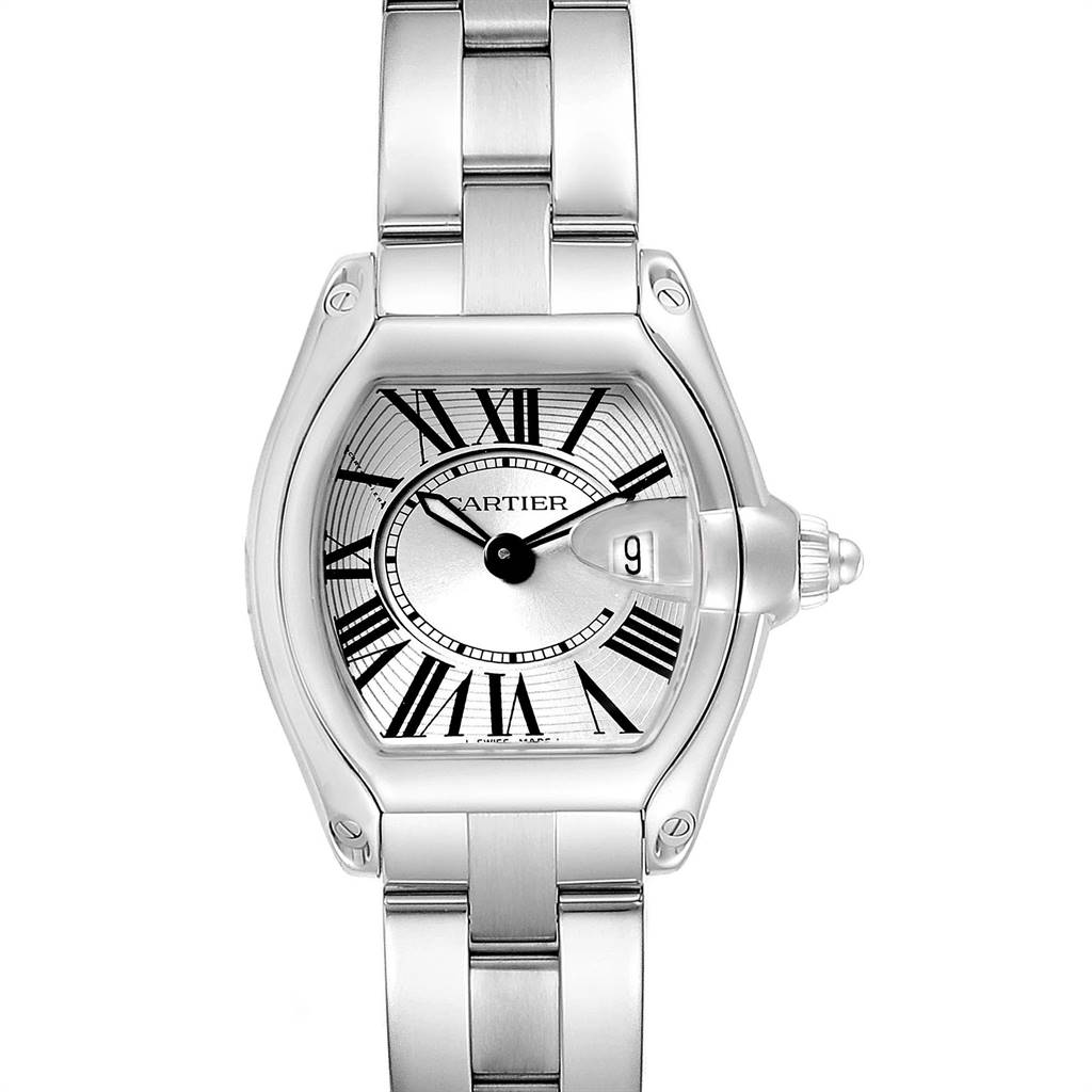 This image shows a frontal view of the Cartier Roadster W62016V3 Women
s Stainless Steel Silver Dial W62016V3 Women
s Stainless Steel Silver Dial watch, highlighting its face, bezel, and stainless steel bracelet.
