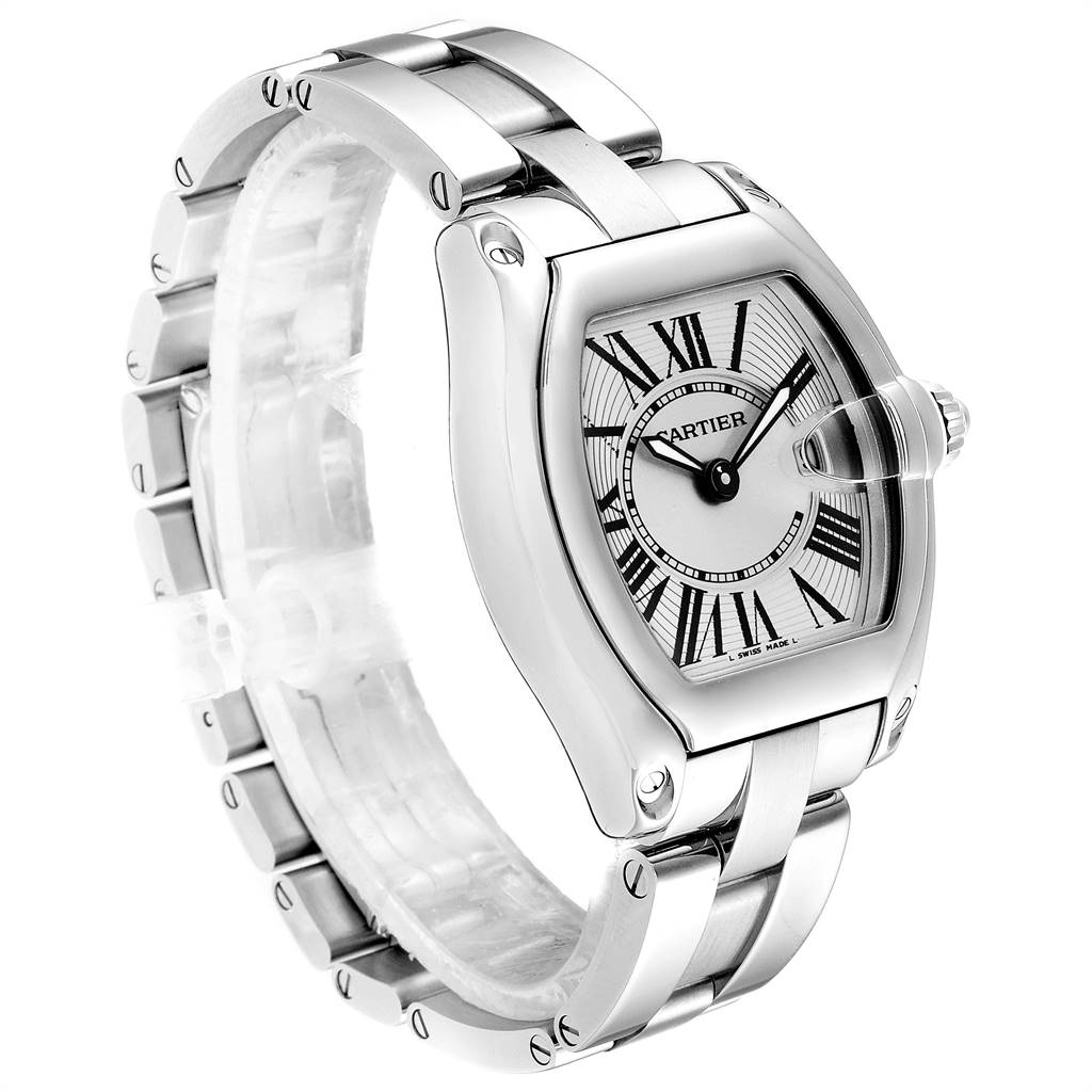The Cartier Roadster W62016V3 Women's Stainless Steel Silver Dial W62016V3 Women's Stainless Steel Silver Dial watch is shown at an angle displaying its face, bezel, crown, and metal bracelet.