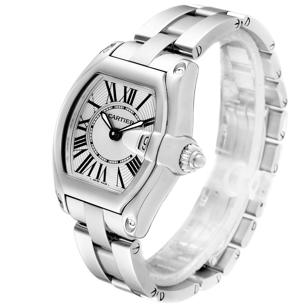 This image shows a three-quarter view of the Cartier Roadster W62016V3 Women's Stainless Steel Silver Dial W62016V3 Women's Stainless Steel Silver Dial watch, highlighting the face, case, and bracelet.