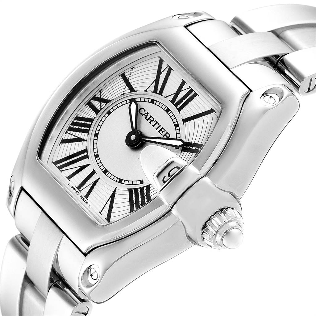 This image shows a close-up angle of the Cartier Roadster W62016V3 Women's Stainless Steel Silver Dial W62016V3 Women's Stainless Steel Silver Dial watch, highlighting the dial, crown, and a portion of the bracelet.