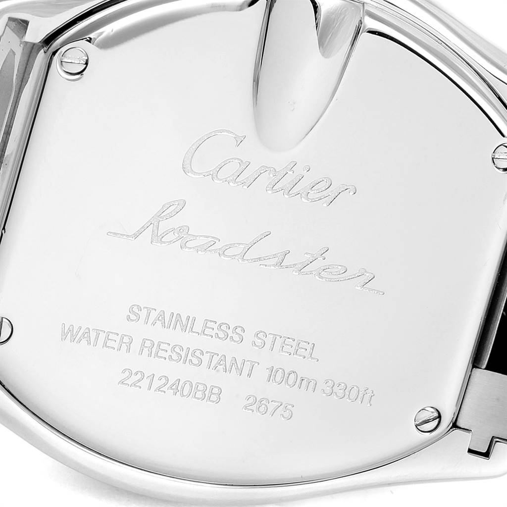 This image shows the back case of the Cartier Roadster W62016V3 Women's Stainless Steel Silver Dial W62016V3 Women's Stainless Steel Silver Dial watch, featuring brand and model inscriptions.