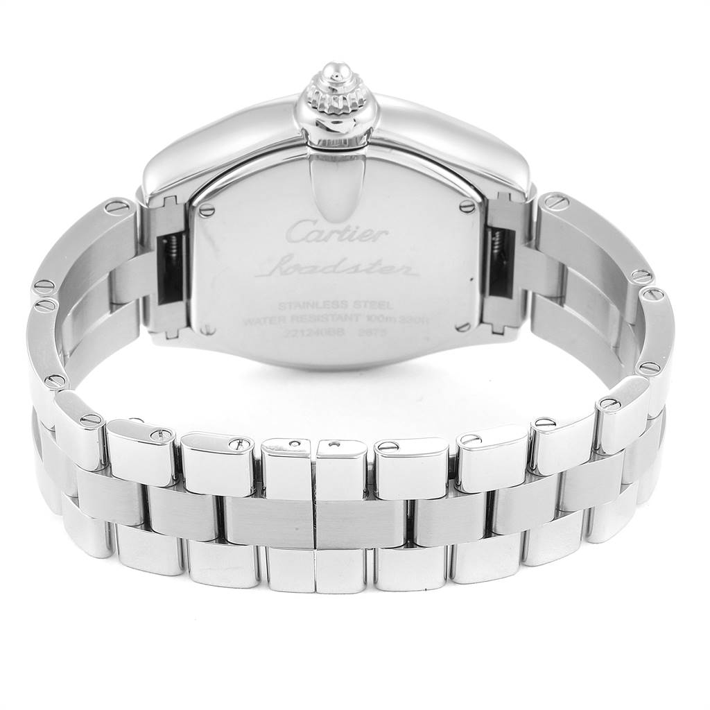 This image shows the back view of the Cartier Roadster W62016V3 Women's Stainless Steel Silver Dial W62016V3 Women's Stainless Steel Silver Dial watch, focusing on the case back and stainless steel bracelet.