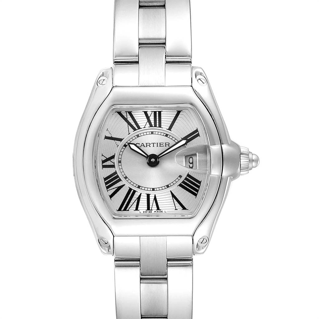 This image shows a front view of the Cartier Roadster W62016V3 Women's Stainless Steel Silver Dial W62016V3 Women's Stainless Steel Silver Dial model, displaying its face, bracelet, and crown.