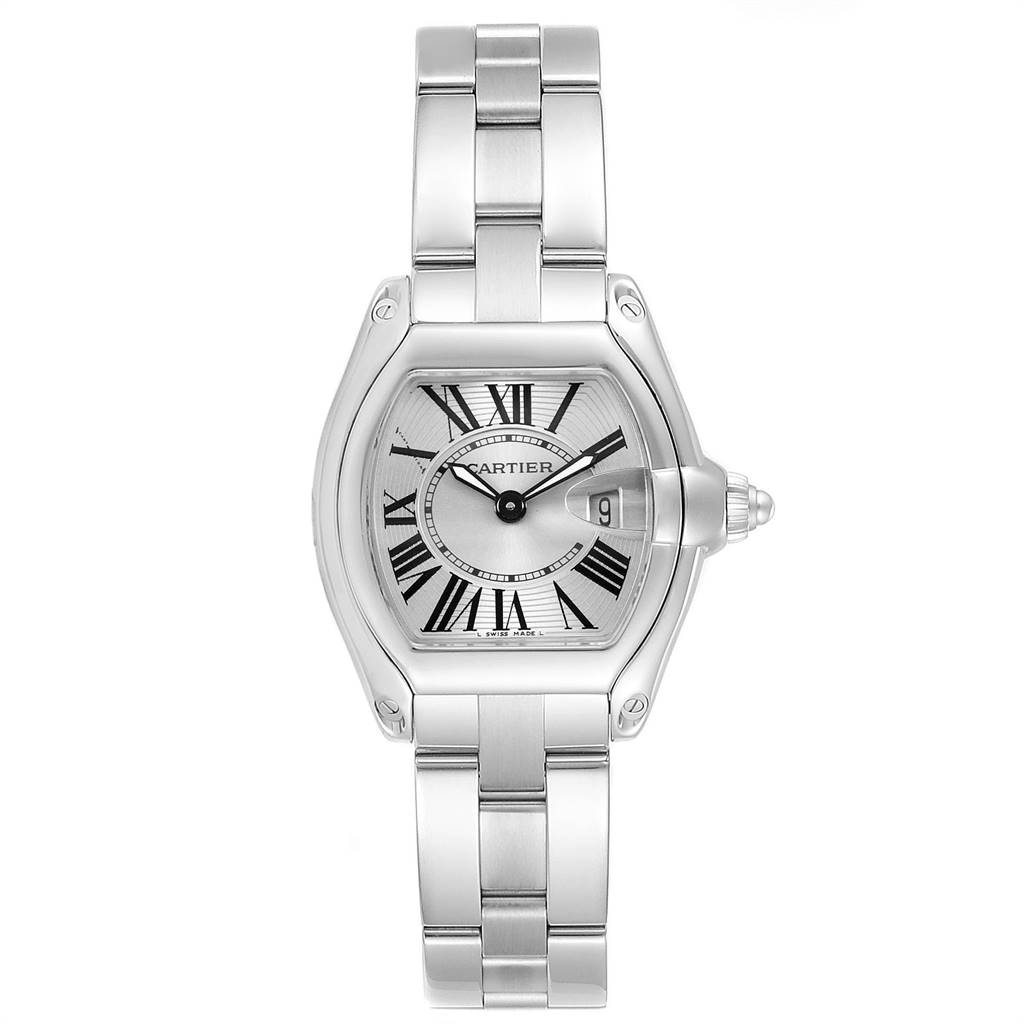 This image shows a frontal view of the Cartier Roadster W62016V3 Women's Stainless Steel Silver Dial W62016V3 Women's Stainless Steel Silver Dial watch, highlighting its face, bezel, crown, and metal bracelet.