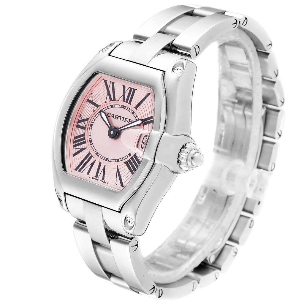 The image shows a Cartier Roadster W62017V3 Women's Stainless Steel Pink Dial W62017V3 Women's Stainless Steel Pink Dial watch, angled to display the face, bezel, crown, and bracelet.