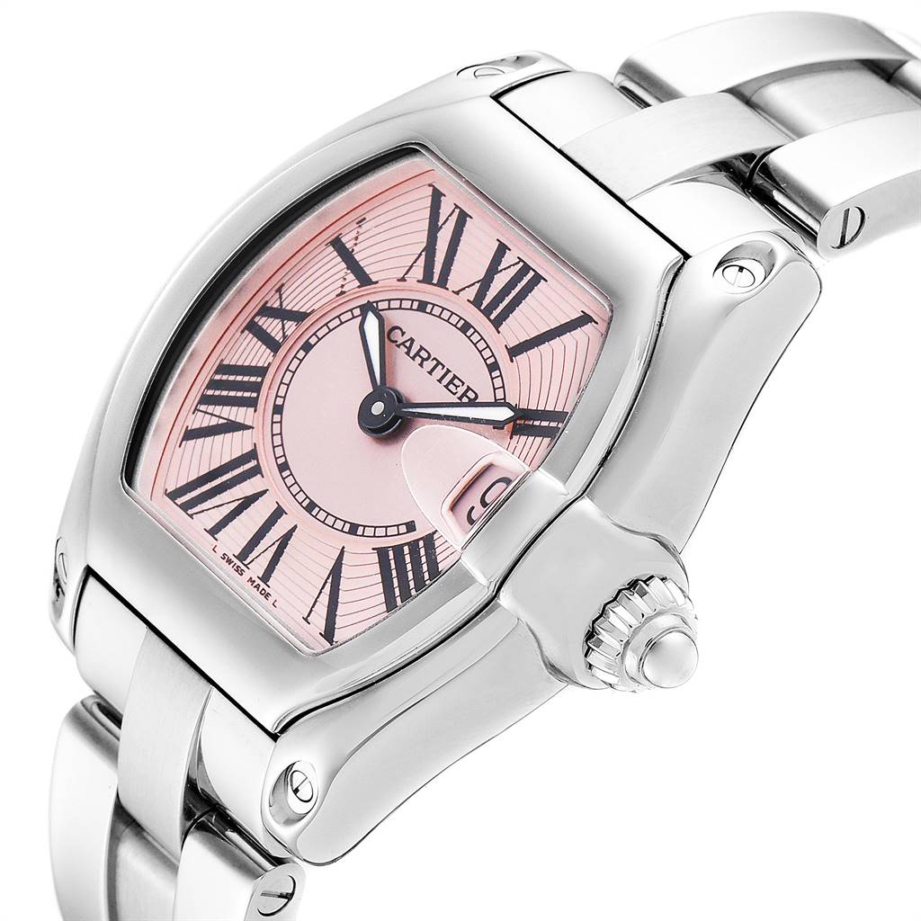 This image shows a close-up angle of the Cartier Roadster W62017V3 Women's Stainless Steel Pink Dial W62017V3 Women's Stainless Steel Pink Dial watch, highlighting the face, crown, and part of the bracelet.