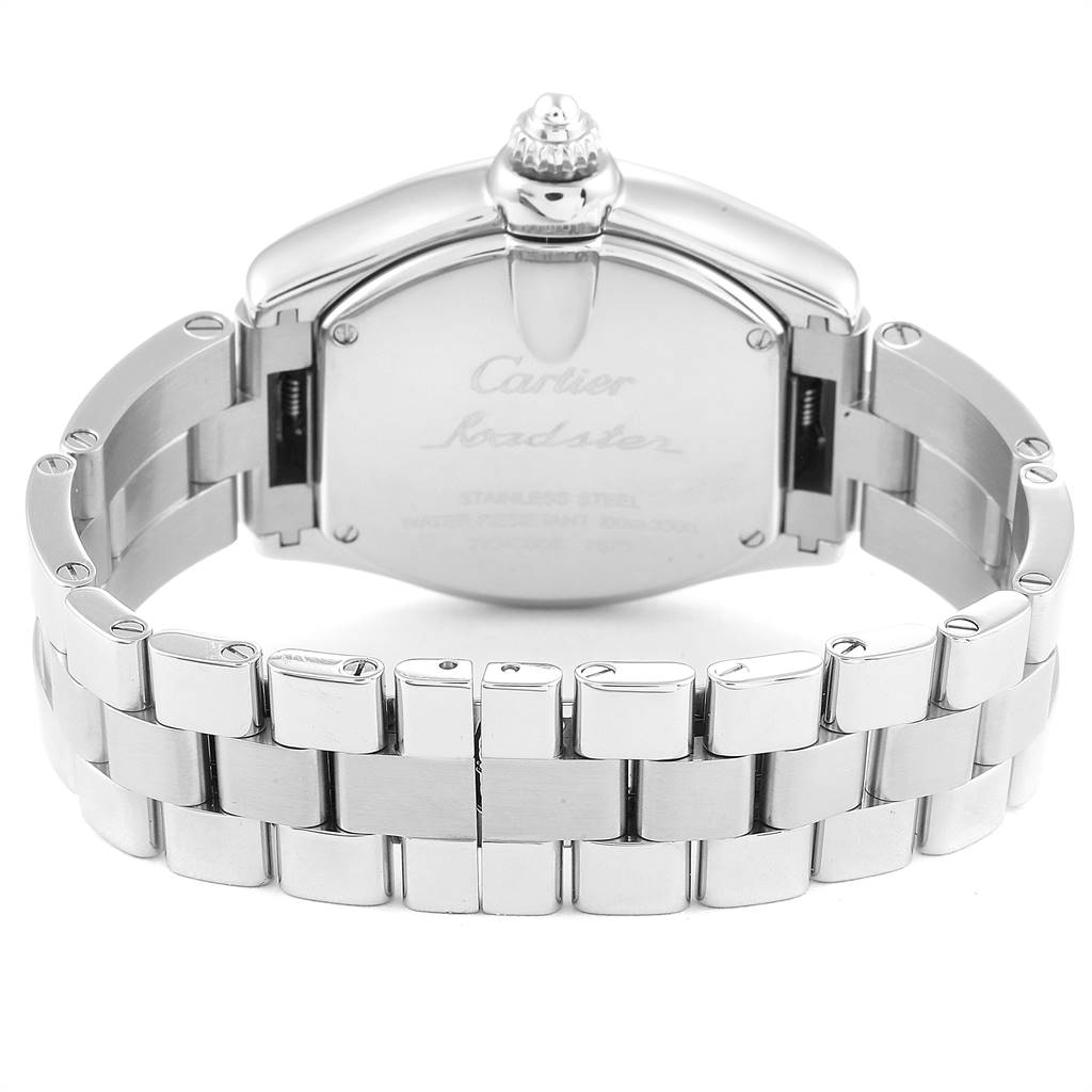 The image shows the back view of a Cartier Roadster W62017V3 Women's Stainless Steel Pink Dial W62017V3 Women's Stainless Steel Pink Dial watch, highlighting its stainless steel case and bracelet.
