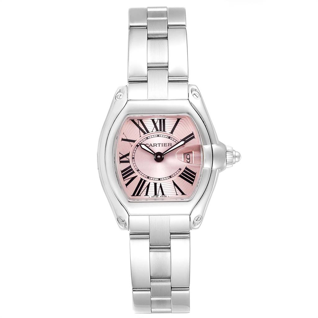 The Cartier Roadster W62017V3 Women's Stainless Steel Pink Dial W62017V3 Women's Stainless Steel Pink Dial watch is shown from a front angle, displaying the dial, case, and bracelet.