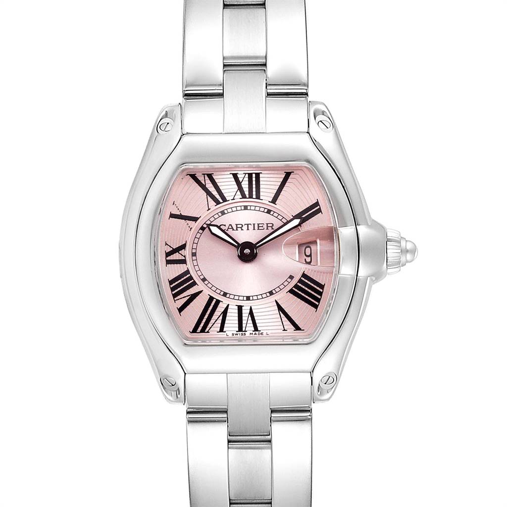 This image shows a front view of a Cartier Roadster W62017V3 Women's Stainless Steel Pink Dial W62017V3 Women's Stainless Steel Pink Dial watch with a pink face and Roman numerals.