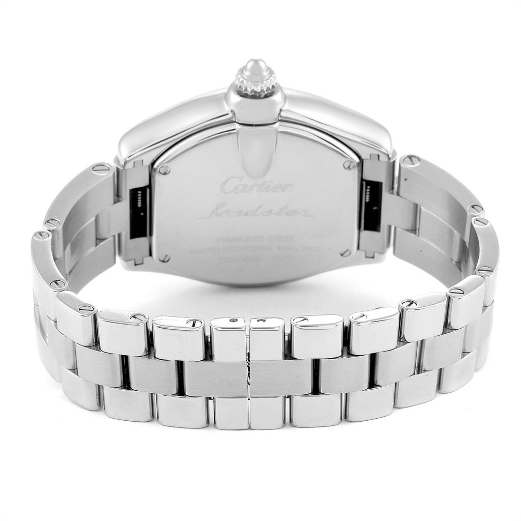 This image shows the back view of the Cartier Roadster W62016V3 Women
s Stainless Steel Silver Dial W62016V3 Women
s Stainless Steel Silver Dial watch, focusing on the case back and metal bracelet.
