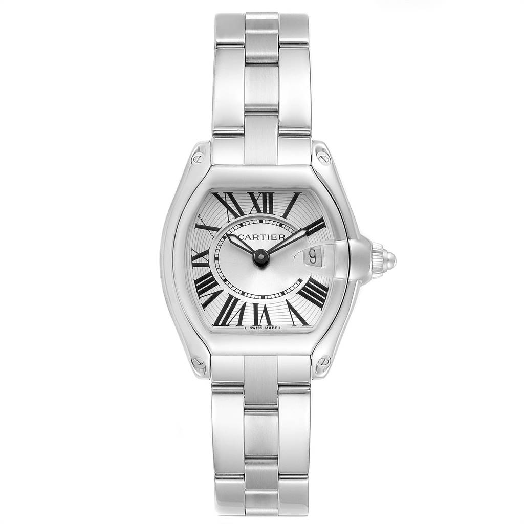 The Cartier Roadster W62016V3 Women
s Stainless Steel Silver Dial W62016V3 Women
s Stainless Steel Silver Dial watch is shown from the front, displaying its face, case, bracelet, and crown.