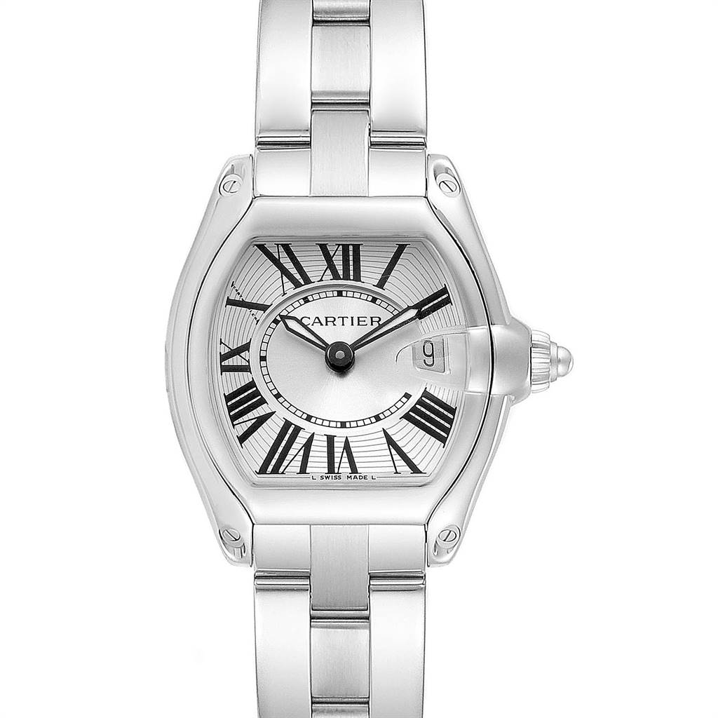 The Cartier Roadster W62016V3 Women
s Stainless Steel Silver Dial W62016V3 Women
s Stainless Steel Silver Dial watch is shown from the front, displaying the face, dial, and part of the bracelet.