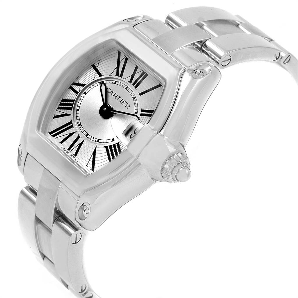 The image shows a Cartier Roadster W62016V3 Women
s Stainless Steel Silver Dial W62016V3 Women
s Stainless Steel Silver Dial watch from an angled perspective, highlighting the dial, bezel, crown, and part of the bracelet.