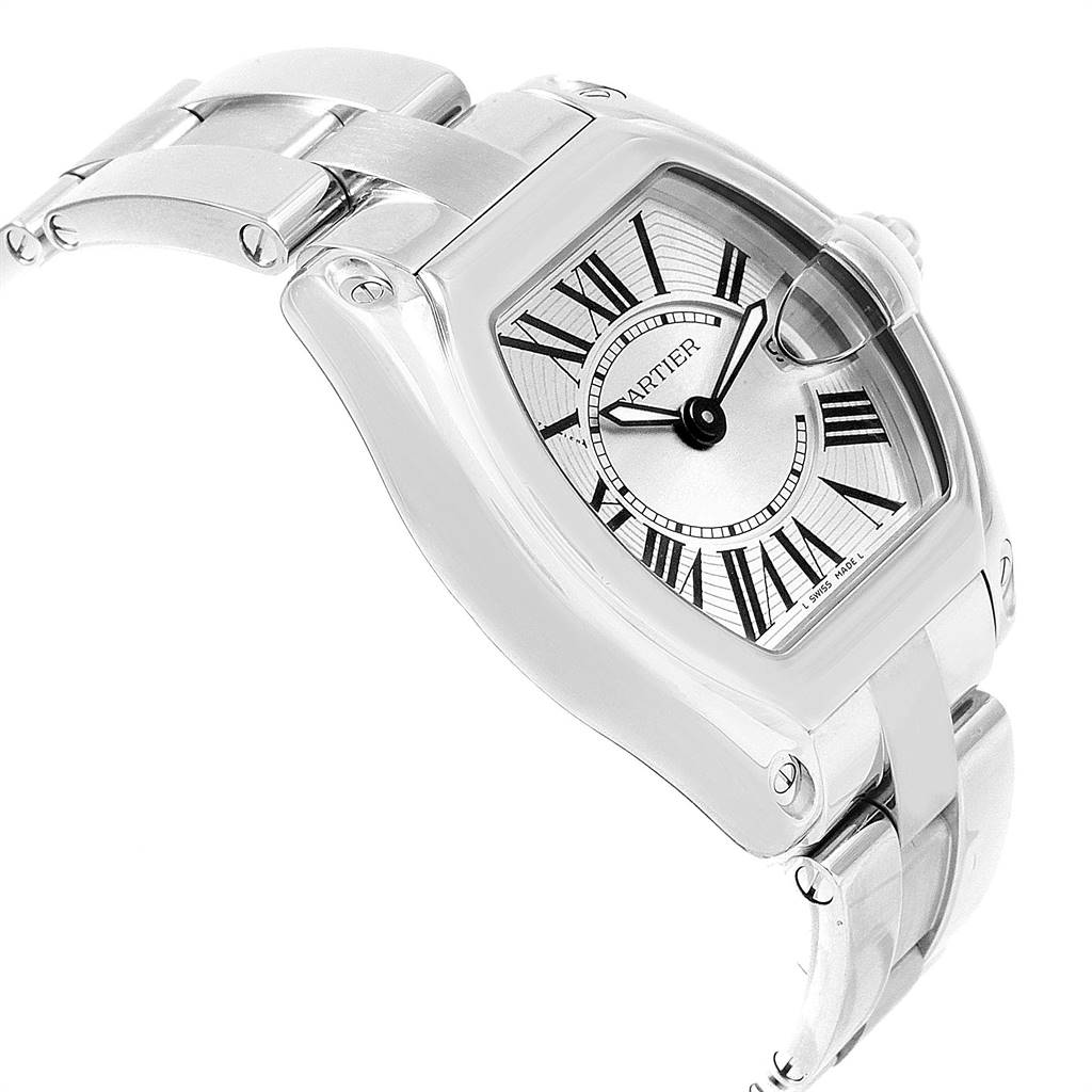 The image shows a Cartier Roadster W62016V3 Women
s Stainless Steel Silver Dial W62016V3 Women
s Stainless Steel Silver Dial watch from a front-side angle, highlighting the face, bezel, and part of the bracelet.
