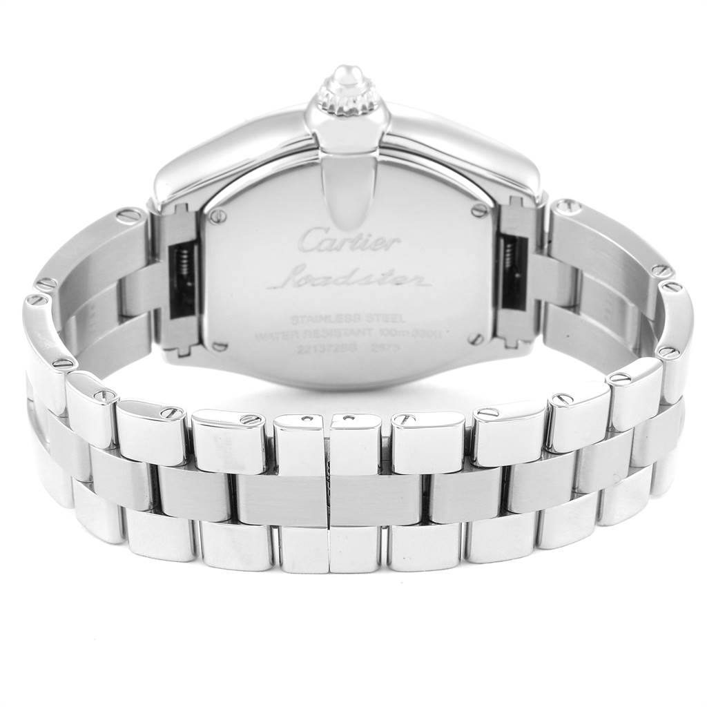 The image shows the back view of a Cartier Roadster W62017V3 Women
s Stainless Steel Pink Dial W62017V3 Women
s Stainless Steel Pink Dial watch, displaying the stainless steel case and bracelet.