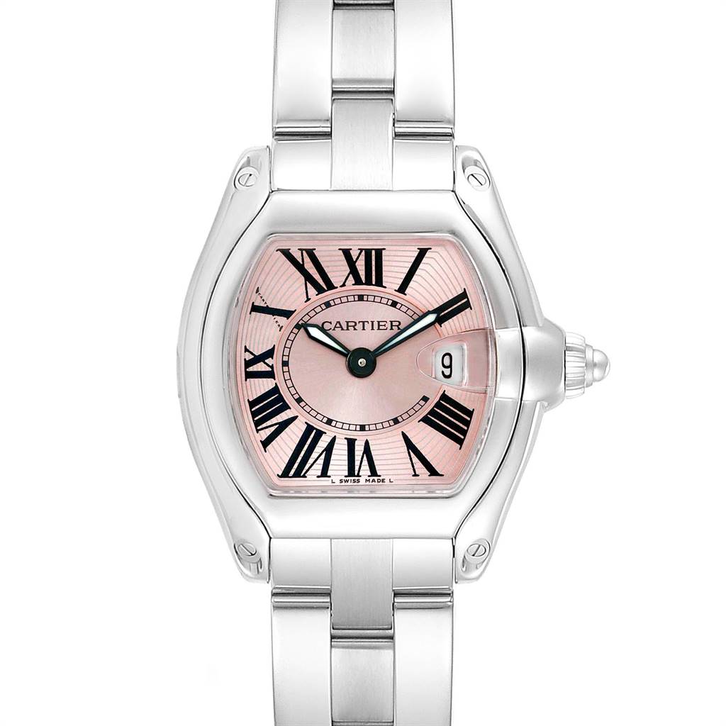 The image shows a front view of the Cartier Roadster W62017V3 Women
s Stainless Steel Pink Dial W62017V3 Women
s Stainless Steel Pink Dial watch, featuring its pink dial, Roman numerals, and metal bracelet.