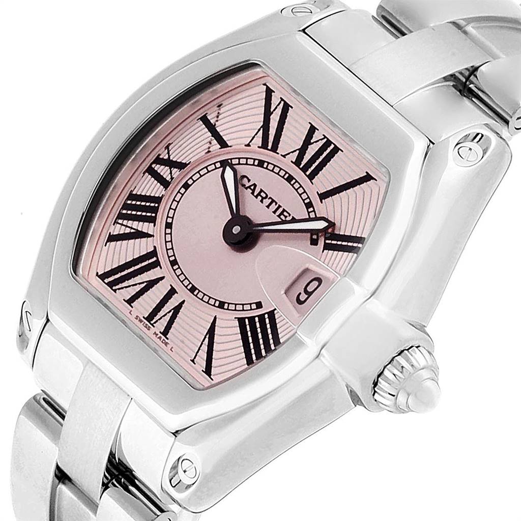 This image shows a close-up angled view of the face and part of the bracelet of a Cartier Roadster W62017V3 Women
s Stainless Steel Pink Dial W62017V3 Women
s Stainless Steel Pink Dial watch.