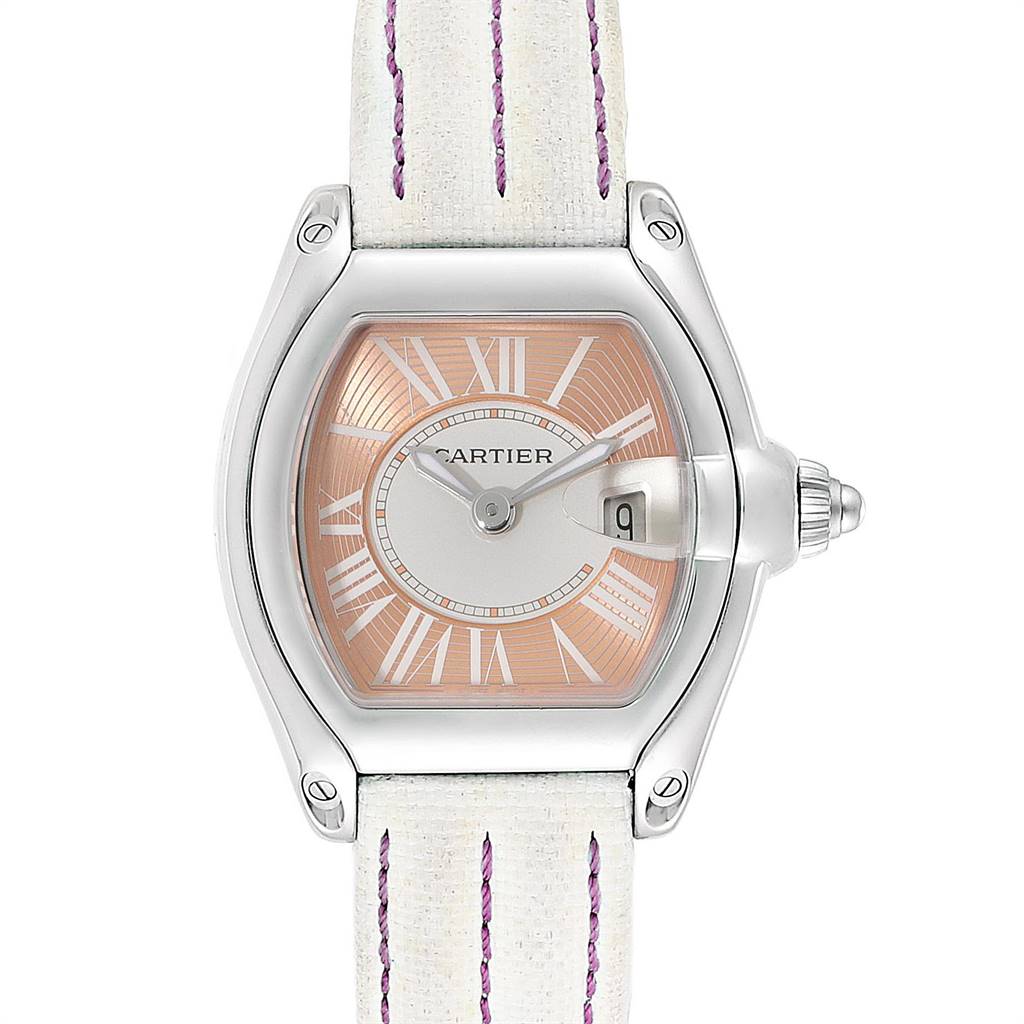 This image shows a front view of the Cartier Roadster W62054V3 Women's Stainless Steel Pink Dial W62054V3 Women's Stainless Steel Pink Dial watch, highlighting its face, dial, case, and part of the strap.