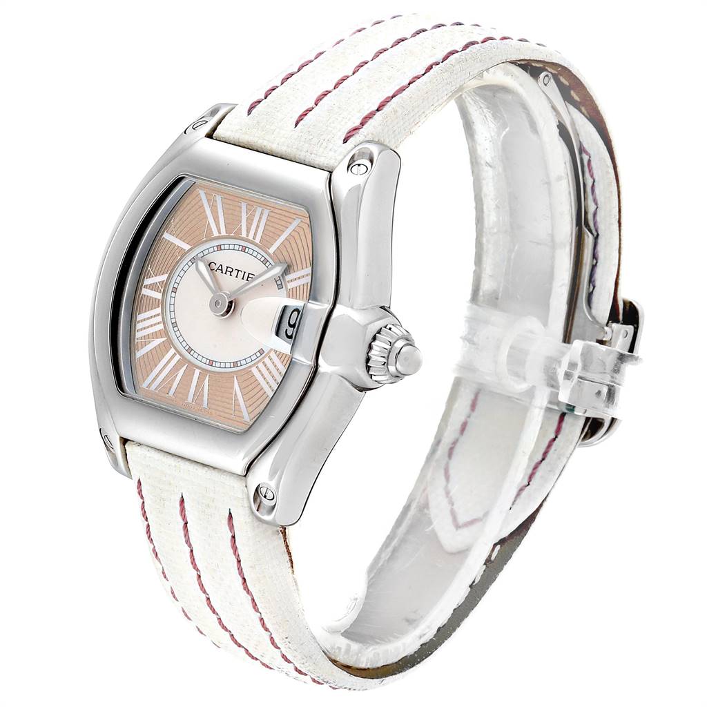 This image shows a Cartier Roadster W62054V3 Women's Stainless Steel Pink Dial W62054V3 Women's Stainless Steel Pink Dial watch at an angle that highlights the face, bezel, and part of the strap.