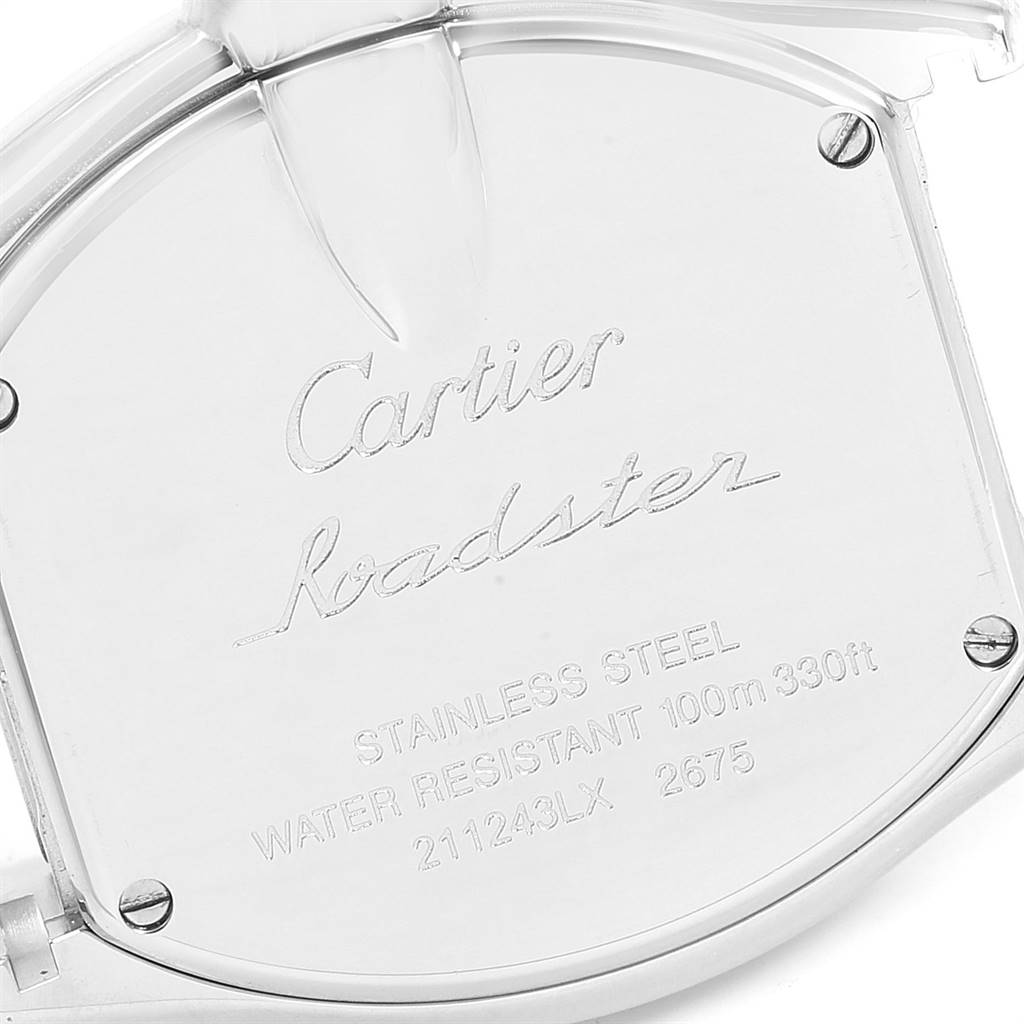The image shows the back case of a Cartier Roadster W62054V3 Women's Stainless Steel Pink Dial W62054V3 Women's Stainless Steel Pink Dial watch, highlighting the engraved branding and specifications.