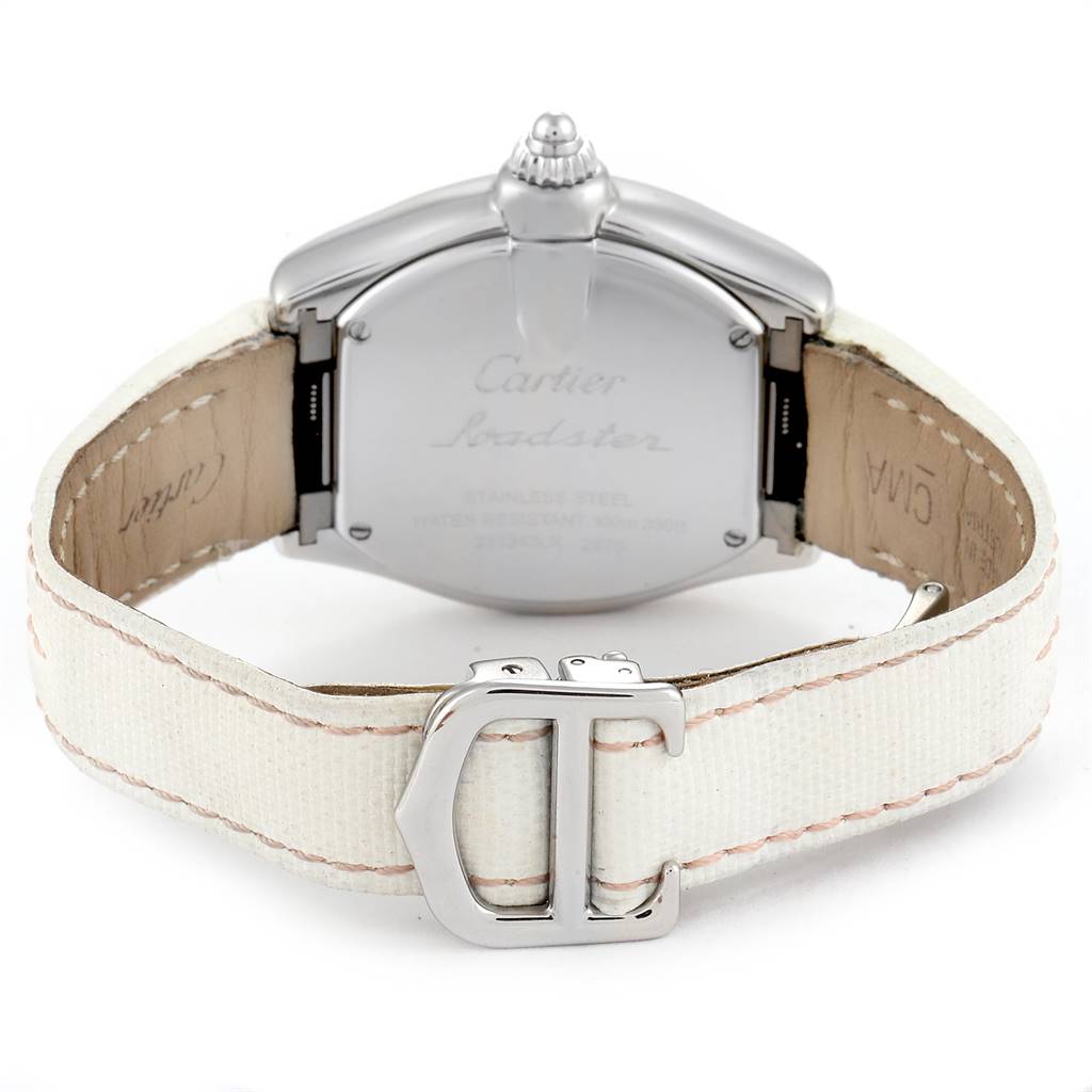 The image shows the back of the Cartier Roadster W62054V3 Women's Stainless Steel Pink Dial W62054V3 Women's Stainless Steel Pink Dial watch with its leather strap and buckle visible.