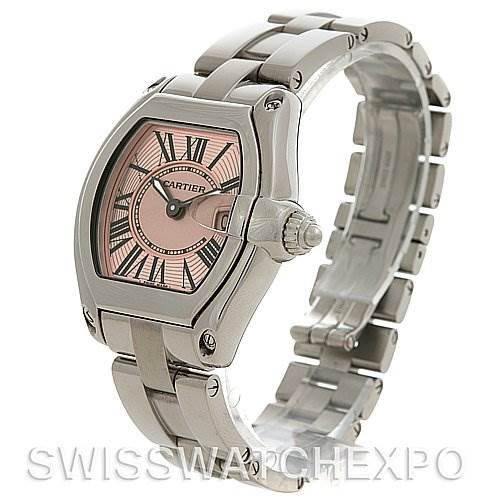 This image shows a Cartier Roadster W62017V3 Women's Stainless Steel Pink Dial W62017V3 Women's Stainless Steel Pink Dial watch from an upper side angle, highlighting its face, bezel, crown, and bracelet.