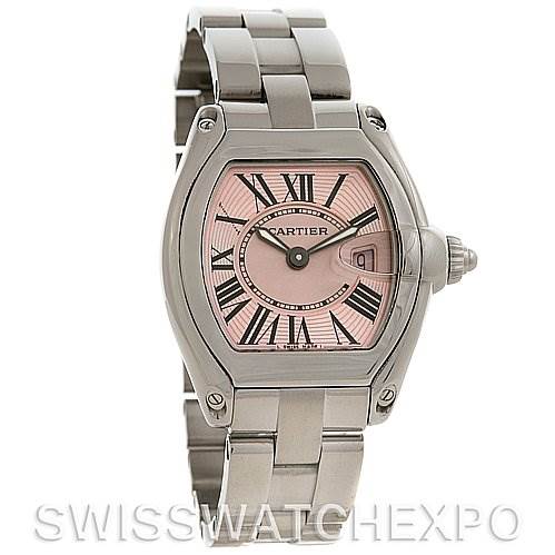 This image shows a front view of the Cartier Roadster W62017V3 Women's Stainless Steel Pink Dial W62017V3 Women's Stainless Steel Pink Dial watch, displaying its face, bezel, crown, and bracelet.