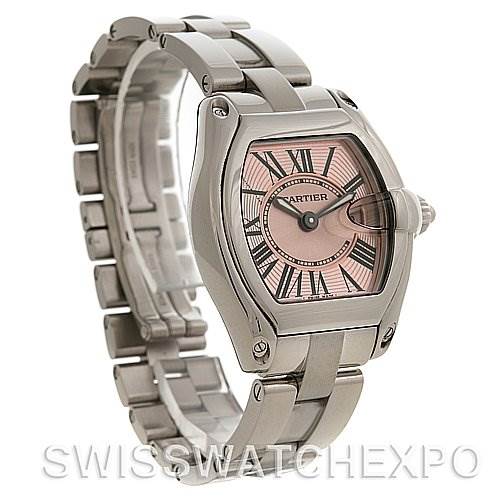This image shows a Cartier Roadster W62017V3 Women's Stainless Steel Pink Dial W62017V3 Women's Stainless Steel Pink Dial watch angled to display its dial, bracelet, and clasp.
