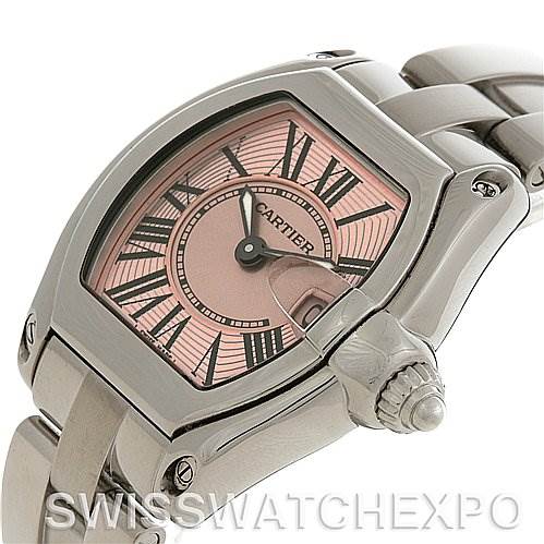 This image shows a close-up, angled view of the Cartier Roadster W62017V3 Women's Stainless Steel Pink Dial W62017V3 Women's Stainless Steel Pink Dial watch, highlighting the case, dial, and crown.