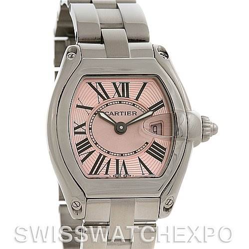 The image shows the face, crown, and bracelet of a Cartier Roadster W62017V3 Women's Stainless Steel Pink Dial W62017V3 Women's Stainless Steel Pink Dial watch.