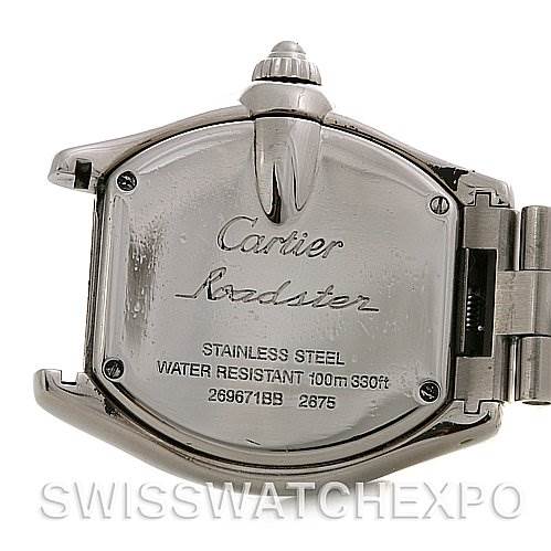 The image shows the back case of a Cartier Roadster W62017V3 Women's Stainless Steel Pink Dial W62017V3 Women's Stainless Steel Pink Dial watch, highlighting the stainless steel material and water resistance details.