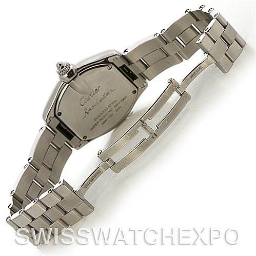 The image shows the back view of a Cartier Roadster W62017V3 Women's Stainless Steel Pink Dial W62017V3 Women's Stainless Steel Pink Dial watch, highlighting its bracelet and clasp.