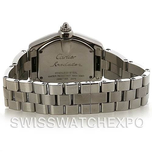 The image shows the back view of a Cartier Roadster W62017V3 Women's Stainless Steel Pink Dial W62017V3 Women's Stainless Steel Pink Dial watch, including its stainless steel bracelet and case back.