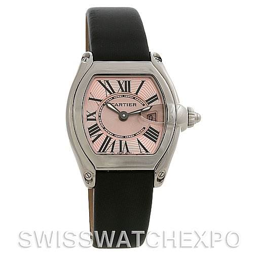 The Cartier Roadster W62017V3 Women's Stainless Steel Pink Dial W62017V3 Women's Stainless Steel Pink Dial watch is shown from a front angle, displaying the dial, bezel, and strap.