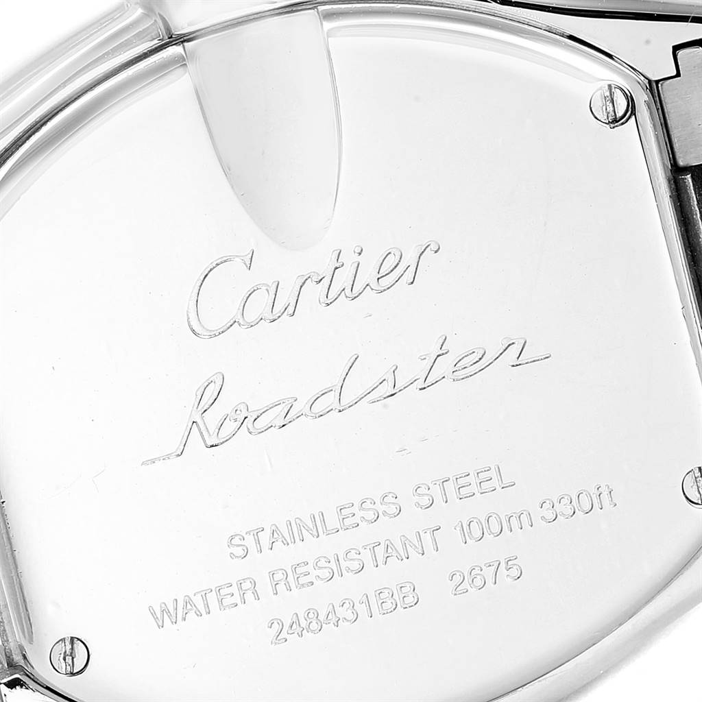 This image shows the back case of a Cartier Roadster W62016V3 Women
s Stainless Steel Silver Dial W62016V3 Women
s Stainless Steel Silver Dial watch, highlighting its brand, model, and specifications.